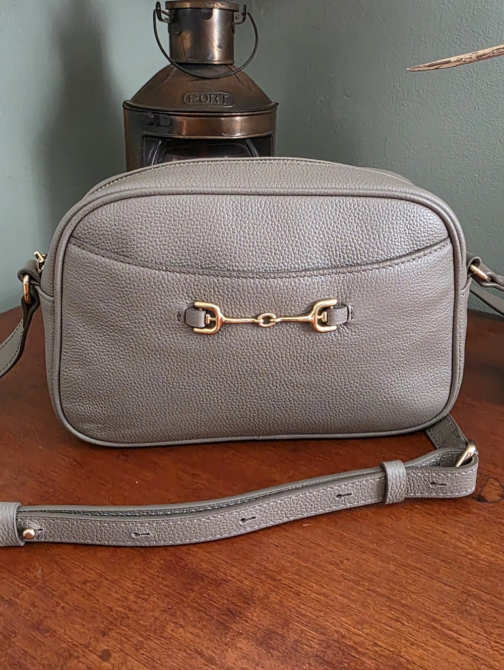Sam Edelman Loraine Horsebit Taupe Pebbled Leather Camera Crossbody Bag